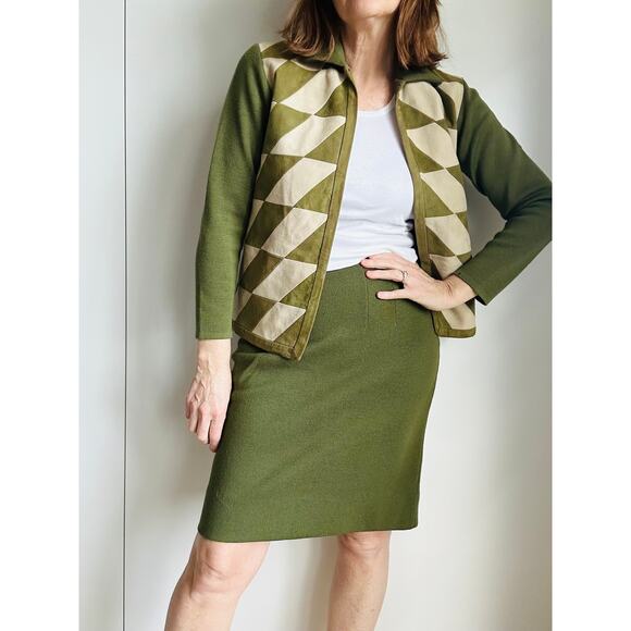 Vintage 60s Womens Wool Suit Green Jacket/Skirt Set Size Small Harlequin Print - Picture 1 of 12